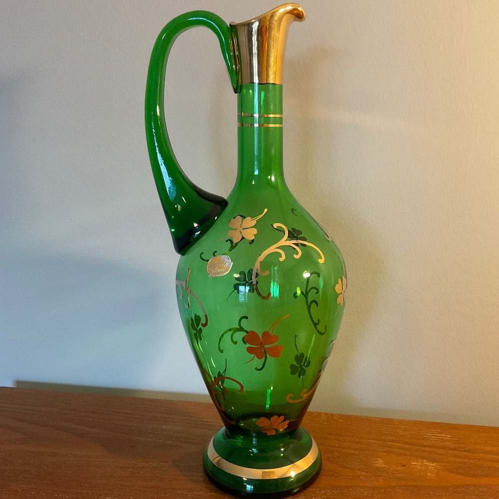 Vintage Bohemia Glass Green and Gold Four-leaf Clover Decanter - Czechoslovakia